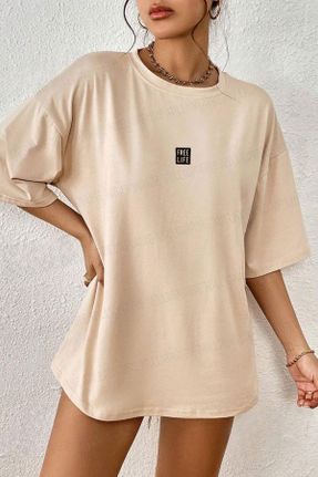 تی شرت قهوه ای زنانه پنبه (نخی) یقه گرد اورسایز تکی پوشاک ورزشی کد 821222522