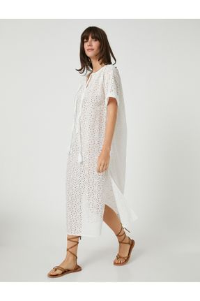 لباس سفید زنانه بافتنی پنبه - پلی استر ریلکس آستین-کوتاه کد 637166641