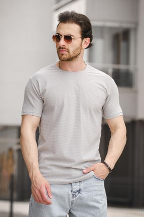 تی شرت طوسی مردانه اسلیم فیت یقه گرد پنبه - پلی استر - الاستن تکی طراحی کد 825239060