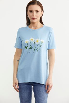 تی شرت آبی زنانه رگولار یقه خدمه مخلوط ویسکون تکی بیسیک کد 830517525