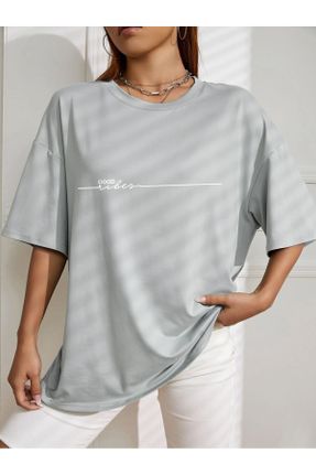 تی شرت طوسی زنانه سایز بزرگ پنبه (نخی) کد 830652178