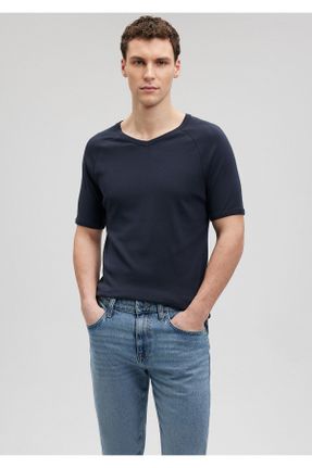 تی شرت آبی مردانه Fitted یقه هفت پنبه (نخی) تکی کد 3410668