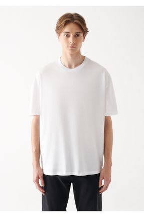 تی شرت سفید مردانه ریلکس یقه گرد پنبه (نخی) تکی کد 100473320