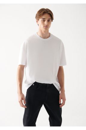 تی شرت سفید مردانه ریلکس یقه گرد پنبه (نخی) تکی کد 100473320