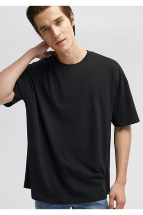 تی شرت مشکی مردانه ریلکس یقه گرد پنبه (نخی) تکی کد 103661781