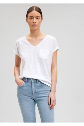 تی شرت سفید زنانه ریلکس یقه گرد پنبه (نخی) تکی بیسیک کد 99931932