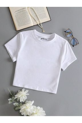 تی شرت سفید زنانه اسلیم فیت یقه گرد پنبه (نخی) تکی بیسیک کد 830824228