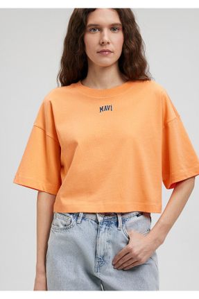 تی شرت نارنجی زنانه کراپ یقه گرد پنبه (نخی) تکی بیسیک کد 679287451