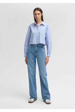 شلوار جین آبی زنانه پاچه گشاد فاق بلند پنبه (نخی) کد 655042897