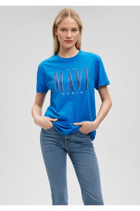 تی شرت آبی زنانه رگولار یقه گرد پنبه (نخی) تکی بیسیک کد 742558943