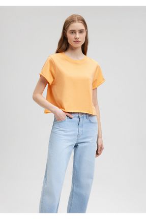 تی شرت نارنجی زنانه کراپ یقه گرد پنبه (نخی) تکی بیسیک کد 817891820