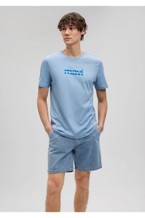تی شرت آبی مردانه رگولار یقه گرد پنبه (نخی) تکی کد 349317261