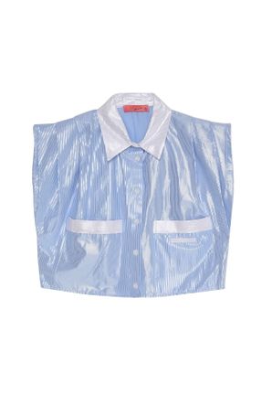 پیراهن آبی زنانه کراپ یقه پیراهنی پنبه - پلی استر کد 822324659