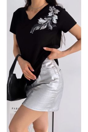 تی شرت مشکی زنانه یقه هفت پنبه (نخی) رگولار تکی طراحی کد 817421052