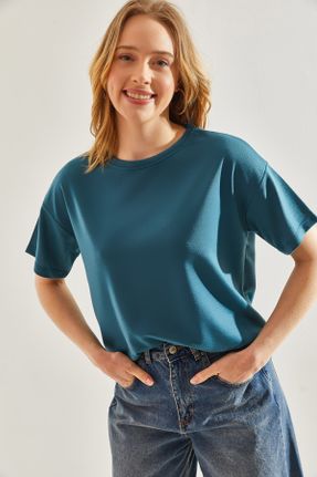 تی شرت آبی زنانه رگولار یقه گرد بیسیک کد 820271607