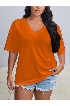 تی شرت نارنجی زنانه پنبه - پلی استر یقه هفت اورسایز تکی کد 809412521