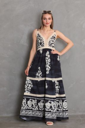 لباس مشکی زنانه بافتنی پلی استر طرح گلدار اسلیم فیت بند دار کد 824442334