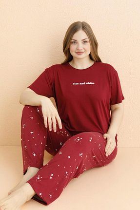 ست لباس راحتی سایز بزرگ زرشکی زنانه طرح دار Meba - کد 826530645
