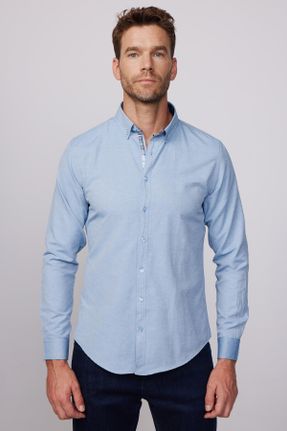 پیراهن آبی مردانه یقه پیراهنی پنبه - پلی استر اسلیم فیت کد 6072418