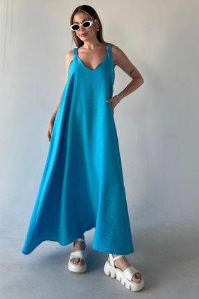 لباس آبی زنانه بافتنی مخلوط کتان رگولار بیسیک کد 827798525