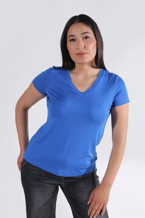 تی شرت آبی زنانه سایز بزرگ یقه هفت ویسکون کد 831202708