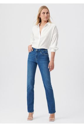 شلوار جین آبی زنانه پاچه ساده فاق بلند پارچه نساجی کد 746534797