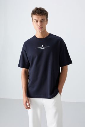 تی شرت سرمه ای مردانه اورسایز یقه گرد پنبه - پلی استر تکی جوان کد 817840066