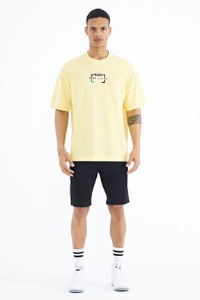 تی شرت زرد مردانه اورسایز یقه گرد پنبه - پلی استر تکی جوان کد 669161853