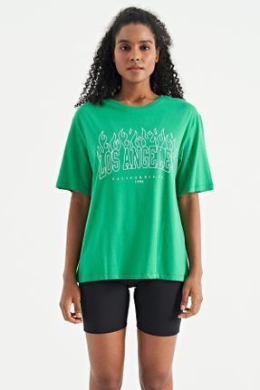 تی شرت سبز زنانه اورسایز یقه گرد مودال- پنبه تکی جوان کد 701526249