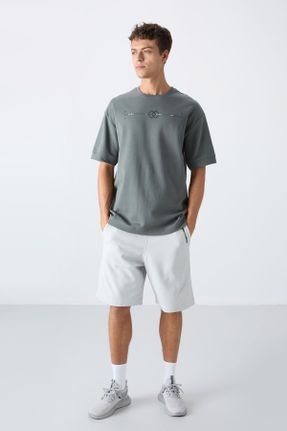 تی شرت خاکی مردانه اورسایز یقه گرد پنبه - پلی استر تکی جوان کد 817542338