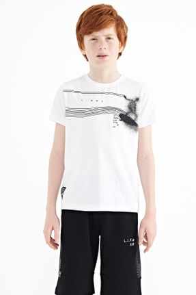 تی شرت سفید بچه گانه رگولار یقه گرد تکی جوان کد 722554590