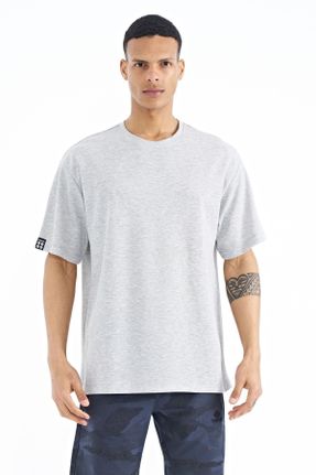 تی شرت طوسی مردانه اورسایز پنبه - پلی استر یقه گرد تکی جوان کد 669161705