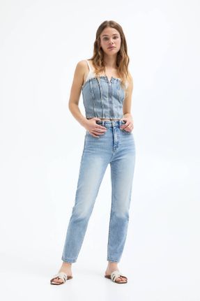 شلوار جین آبی زنانه پاچه ساده فاق بلند پنبه (نخی) کد 803387778