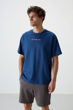 تی شرت آبی مردانه اورسایز یقه گرد پنبه - پلی استر تکی جوان کد 814580983