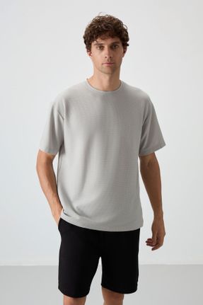 تی شرت طوسی مردانه اورسایز یقه گرد پنبه - پلی استر تکی جوان کد 815767323
