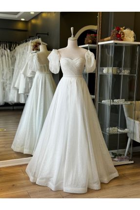 لباس عروس سفید زنانه تور یقه قلب آستر دار کد 831515300