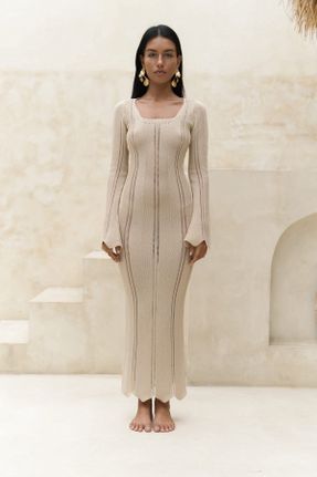 لباس بژ زنانه تریکو تریکو اسلیم فیت آستین-بلند بیسیک کد 831074960
