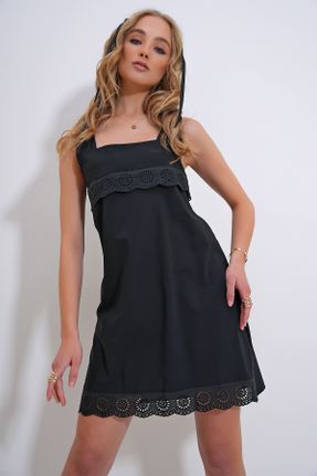 لباس مشکی زنانه بافتنی پنبه - پلی استر A-line بند دار کد 830938483