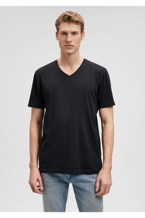 تی شرت مشکی مردانه Fitted یقه هفت پنبه (نخی) تکی بیسیک کد 4752513