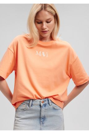 تی شرت نارنجی زنانه ریلکس یقه گرد پنبه (نخی) تکی کد 669542167