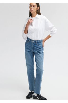 شلوار جین آبی زنانه پاچه ساده فاق بلند پنبه (نخی) کد 761550874