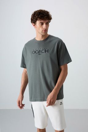 تی شرت خاکی مردانه اورسایز یقه گرد پنبه - پلی استر تکی جوان کد 812621402