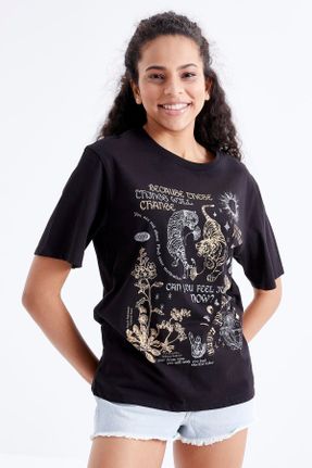 تی شرت مشکی زنانه رگولار یقه گرد پنبه (نخی) تکی جوان کد 263575035