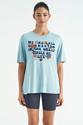 تی شرت آبی زنانه رگولار یقه گرد مودال- پنبه تکی جوان کد 745124565