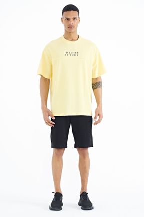 تی شرت زرد مردانه پنبه - پلی استر اورسایز یقه گرد تکی جوان کد 669156386