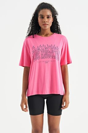 تی شرت صورتی زنانه اورسایز یقه گرد مودال- پنبه تکی جوان کد 701526312