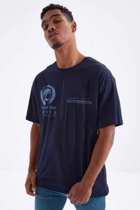 تی شرت سرمه ای مردانه رگولار یقه گرد پنبه (نخی) تکی جوان کد 277154949