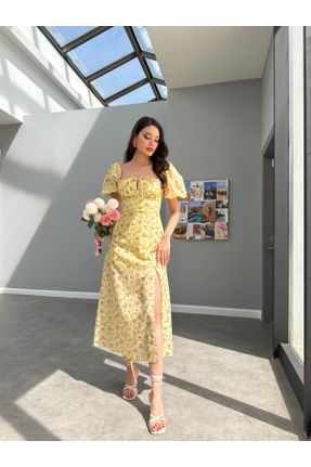 لباس زرد زنانه بافتنی پلی استر طرح گلدار آستین-کوتاه کد 831394477
