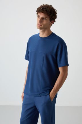 تی شرت آبی مردانه اورسایز پنبه - پلی استر یقه گرد تکی جوان کد 815770322