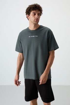 تی شرت خاکی مردانه یقه گرد پنبه - پلی استر اورسایز تکی جوان کد 814592229